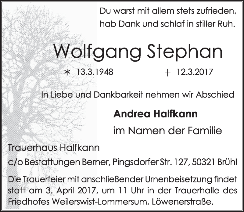  Traueranzeige für Wolfgang Stephan vom 29.03.2017 aus  Schlossbote/Werbekurier 