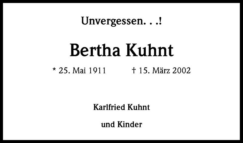 Traueranzeige für Bertha Kuhnt vom 15.03.2017 aus Kölner Stadt-Anzeiger / Kölnische Rundschau / Express