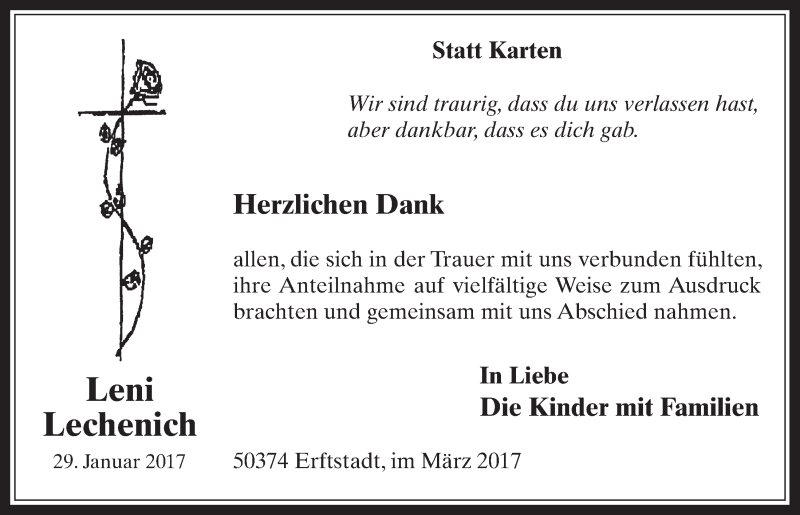  Traueranzeige für Leni Lechenich vom 22.03.2017 aus  Werbepost 