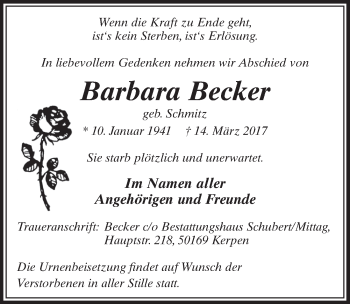 Anzeige von Barbara Becker von  Sonntags-Post 