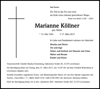 Anzeige von Marianne Köllner von Kölner Stadt-Anzeiger / Kölnische Rundschau / Express