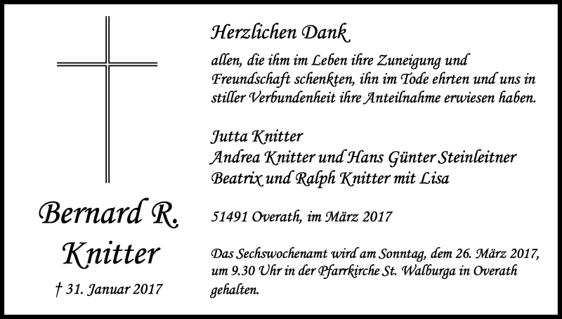  Traueranzeige für Bernard R. Knitter vom 18.03.2017 aus Kölner Stadt-Anzeiger / Kölnische Rundschau / Express