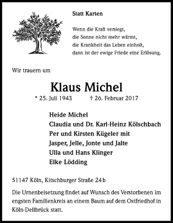 Anzeige von Klaus Michel von Kölner Stadt-Anzeiger / Kölnische Rundschau / Express