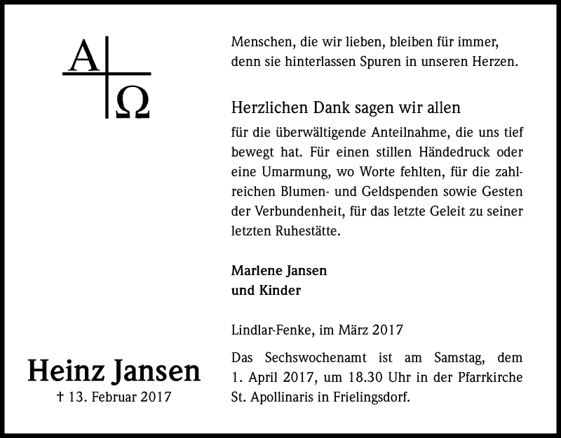  Traueranzeige für Heinz Jansen vom 29.03.2017 aus Kölner Stadt-Anzeiger / Kölnische Rundschau / Express