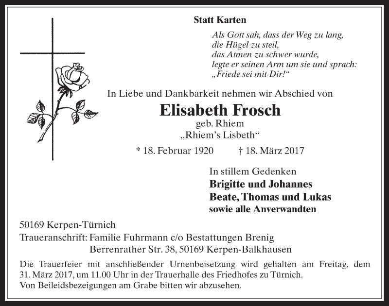  Traueranzeige für Elisabeth Frosch vom 29.03.2017 aus  Werbepost 