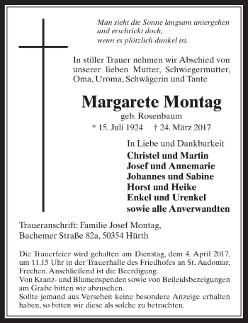 Anzeige von Margarete Montag von  Wochenende 