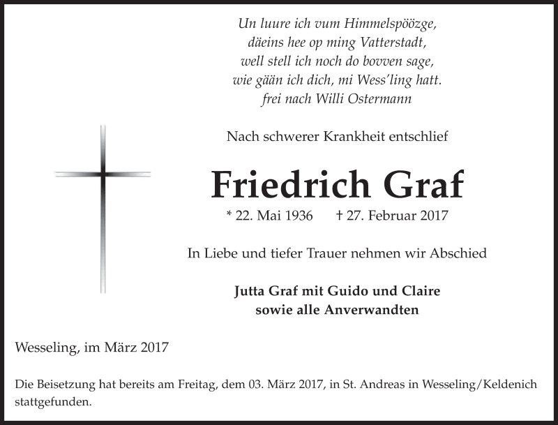  Traueranzeige für Friedrich Graf vom 08.03.2017 aus  Schlossbote/Werbekurier 