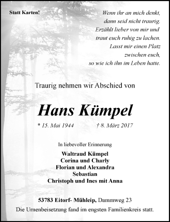 Anzeige von Hans Kümpel von  Extra Blatt 