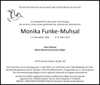 Anzeige von Monika Funke-Musahl von Kölner Stadt-Anzeiger / Kölnische Rundschau / Express