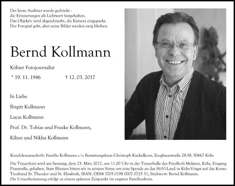  Traueranzeige für Bernd Kollmann vom 18.03.2017 aus Kölner Stadt-Anzeiger / Kölnische Rundschau / Express