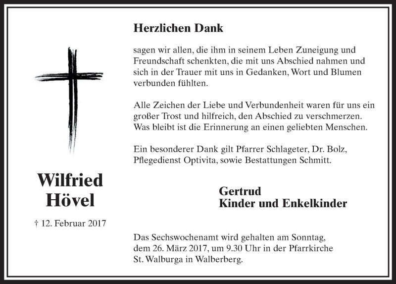  Traueranzeige für Wilfried Hövel vom 15.03.2017 aus  Schlossbote/Werbekurier 