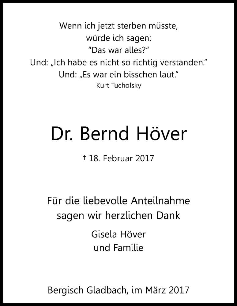  Traueranzeige für Bernd Höver vom 18.03.2017 aus Kölner Stadt-Anzeiger / Kölnische Rundschau / Express