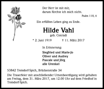 Anzeige von Hilde Vahl von Kölner Stadt-Anzeiger / Kölnische Rundschau / Express