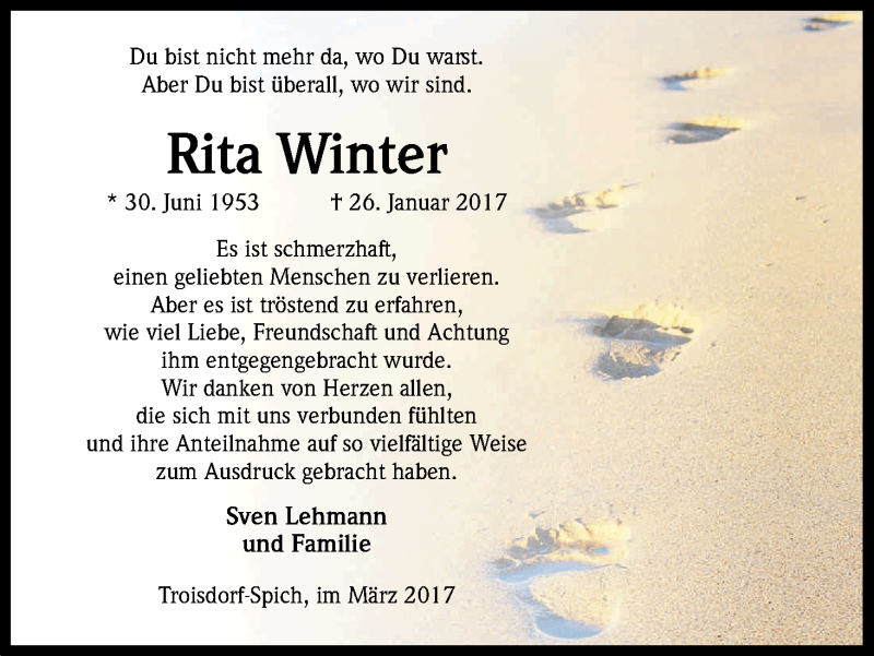  Traueranzeige für Rita Winter vom 02.03.2017 aus Kölner Stadt-Anzeiger / Kölnische Rundschau / Express
