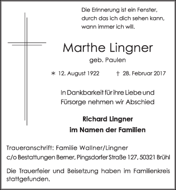 Anzeige von Marthe Lingner von  Schlossbote/Werbekurier 