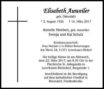 Anzeige von Elisabeth Auweiler von Kölner Stadt-Anzeiger / Kölnische Rundschau / Express