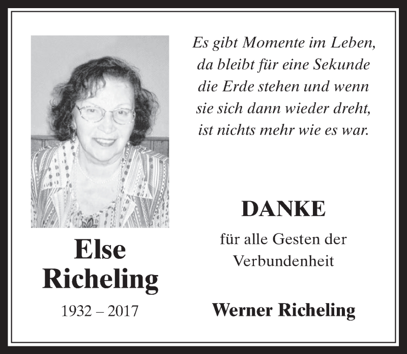  Traueranzeige für Else Richeling vom 08.03.2017 aus  Werbepost 