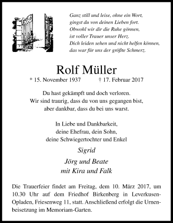 Anzeige von Rolf Müller von Kölner Stadt-Anzeiger / Kölnische Rundschau / Express