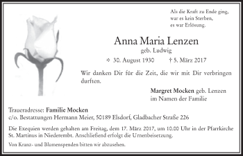 Anzeige von Anna Maria Lenzen von  Werbepost 