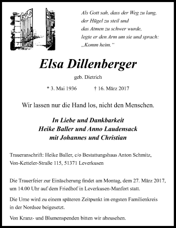 Anzeige von Elsa Dillenberger von Kölner Stadt-Anzeiger / Kölnische Rundschau / Express
