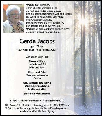 Anzeige von Gerda Jacobs von Kölner Stadt-Anzeiger / Kölnische Rundschau / Express