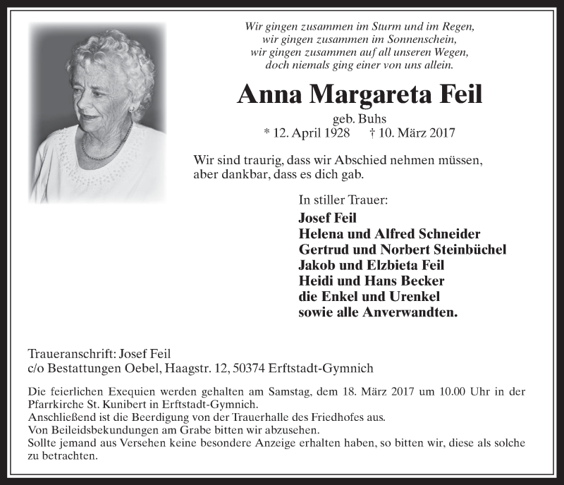  Traueranzeige für Anna Margareta Feil vom 15.03.2017 aus  Werbepost 