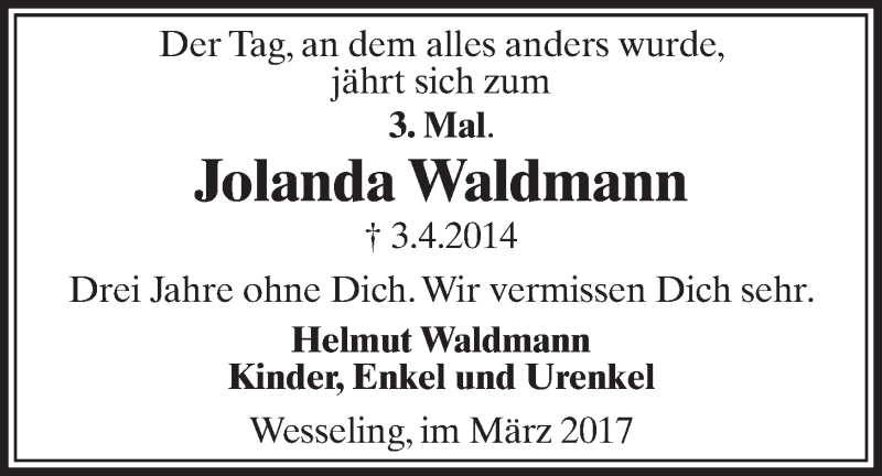  Traueranzeige für Jolanda Waldmann vom 29.03.2017 aus  Schlossbote/Werbekurier 