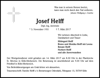 Anzeige von Josef Helff von Kölner Stadt-Anzeiger / Kölnische Rundschau / Express