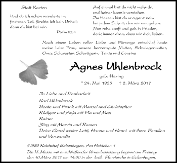 Anzeige von Agnes Uhlenbrock von Kölner Stadt-Anzeiger / Kölnische Rundschau / Express