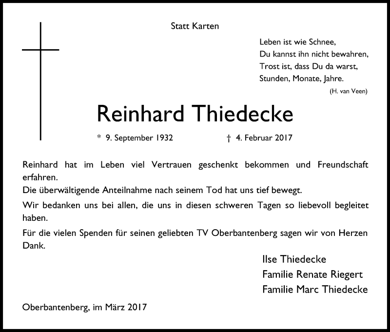  Traueranzeige für Reinhard Thiedecke vom 21.03.2017 aus Kölner Stadt-Anzeiger / Kölnische Rundschau / Express