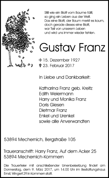 Anzeige von Gustav Franz von  Blickpunkt Euskirchen 