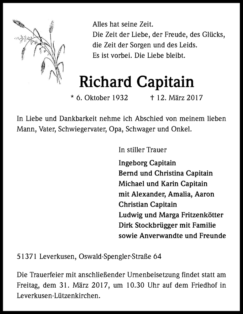  Traueranzeige für Richard Capitain vom 18.03.2017 aus Kölner Stadt-Anzeiger / Kölnische Rundschau / Express
