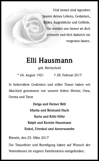 Anzeige von Elli Hausmann von Kölner Stadt-Anzeiger / Kölnische Rundschau / Express