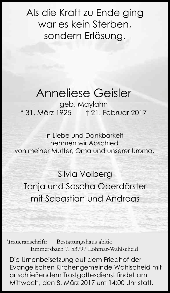  Traueranzeige für Anneliese Geisler vom 04.03.2017 aus Kölner Stadt-Anzeiger / Kölnische Rundschau / Express