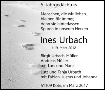 Anzeige von Ines Uhrbach von Kölner Stadt-Anzeiger / Kölnische Rundschau / Express