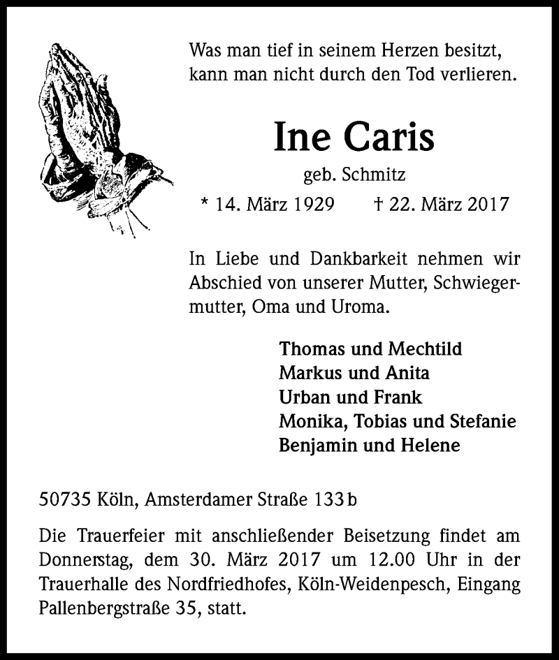  Traueranzeige für Ine Caris vom 25.03.2017 aus Kölner Stadt-Anzeiger / Kölnische Rundschau / Express