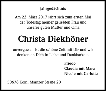 Anzeige von Christa Diekhöner von Kölner Stadt-Anzeiger / Kölnische Rundschau / Express
