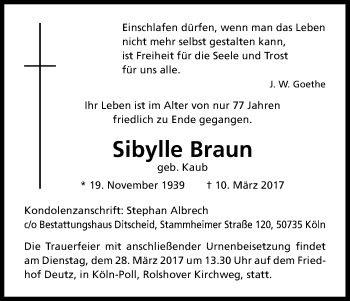 Anzeige von Sibylle Braun von Kölner Stadt-Anzeiger / Kölnische Rundschau / Express