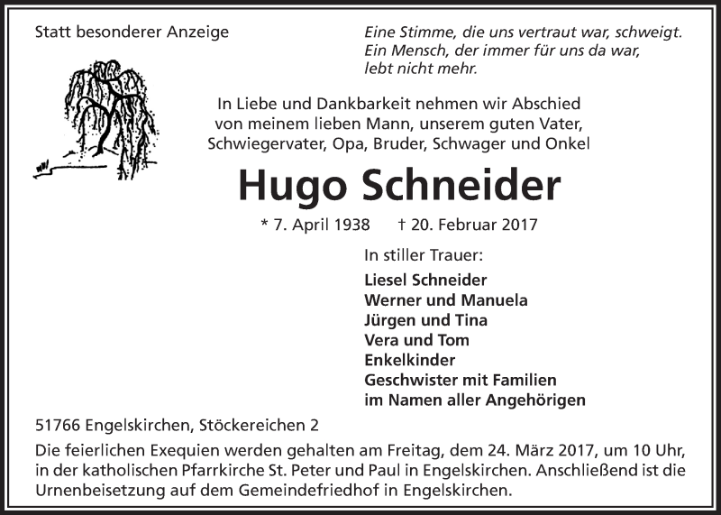  Traueranzeige für Hugo Schneider vom 15.03.2017 aus  Anzeigen Echo 