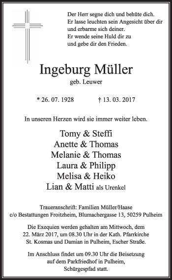 Anzeige von Ingeburg Müller von  Sonntags-Post 