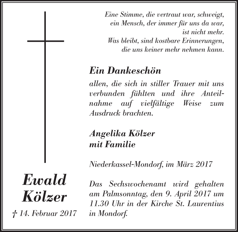  Traueranzeige für Ewald Kölzer vom 15.03.2017 aus  Extra Blatt 