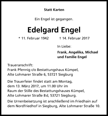 Anzeige von Edelgard Engel von Kölner Stadt-Anzeiger / Kölnische Rundschau / Express