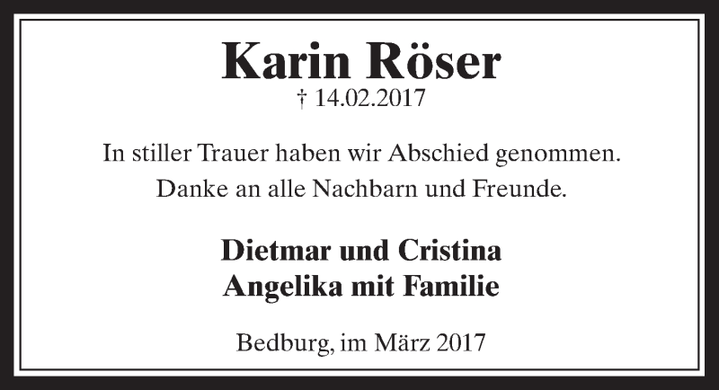  Traueranzeige für Karin Röser vom 15.03.2017 aus  Werbepost 