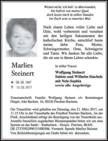 Anzeige von Marlies Steinert von  Sonntags-Post 