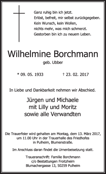 Anzeige von Wilhelmine Borchmann von  Sonntags-Post 