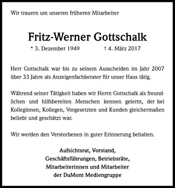 Anzeige von Fritz-Werner Gottschalk von Kölner Stadt-Anzeiger / Kölnische Rundschau / Express