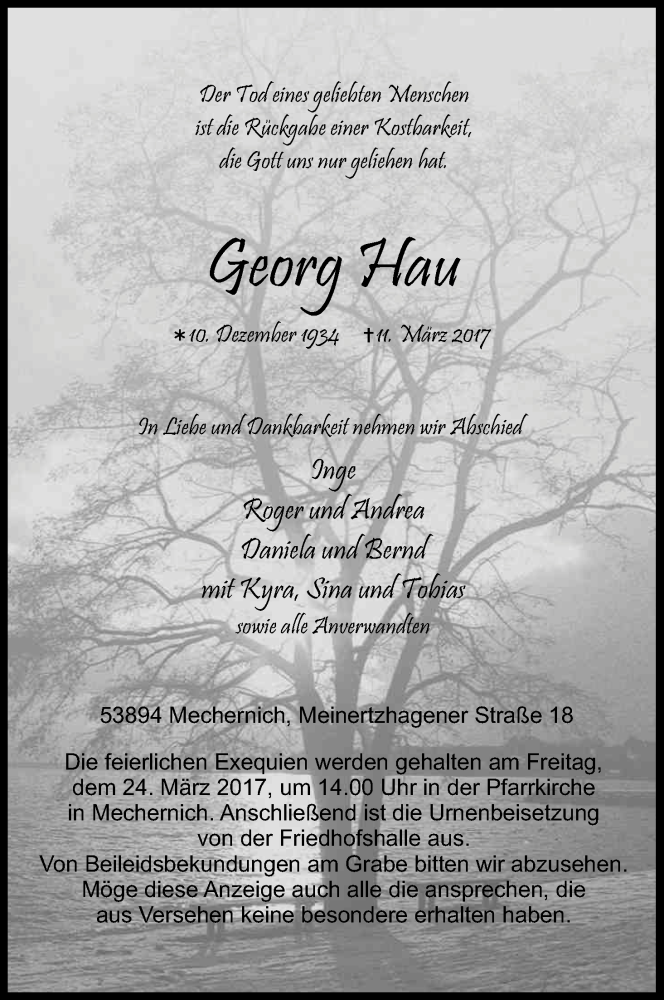  Traueranzeige für Georg Hau vom 18.03.2017 aus Kölner Stadt-Anzeiger / Kölnische Rundschau / Express