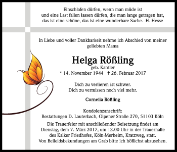 Anzeige von Helga Rößling von Kölner Stadt-Anzeiger / Kölnische Rundschau / Express