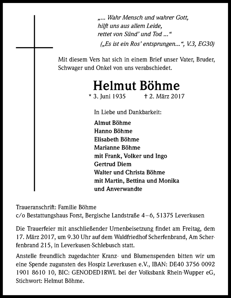  Traueranzeige für Helmut Böhme vom 11.03.2017 aus Kölner Stadt-Anzeiger / Kölnische Rundschau / Express