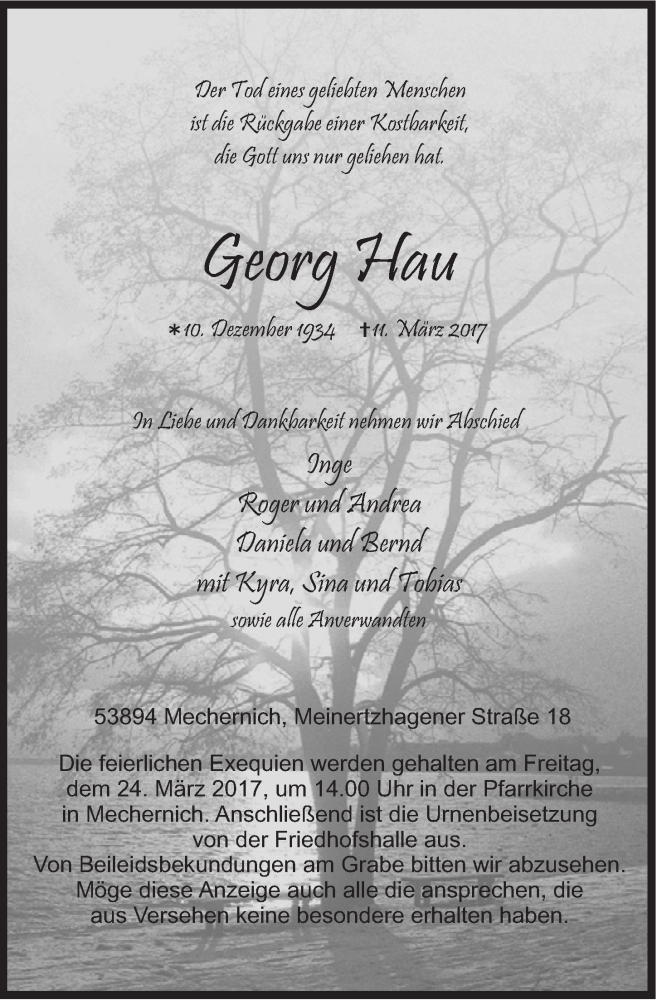  Traueranzeige für Georg Hau vom 18.03.2017 aus  Blickpunkt Euskirchen 
